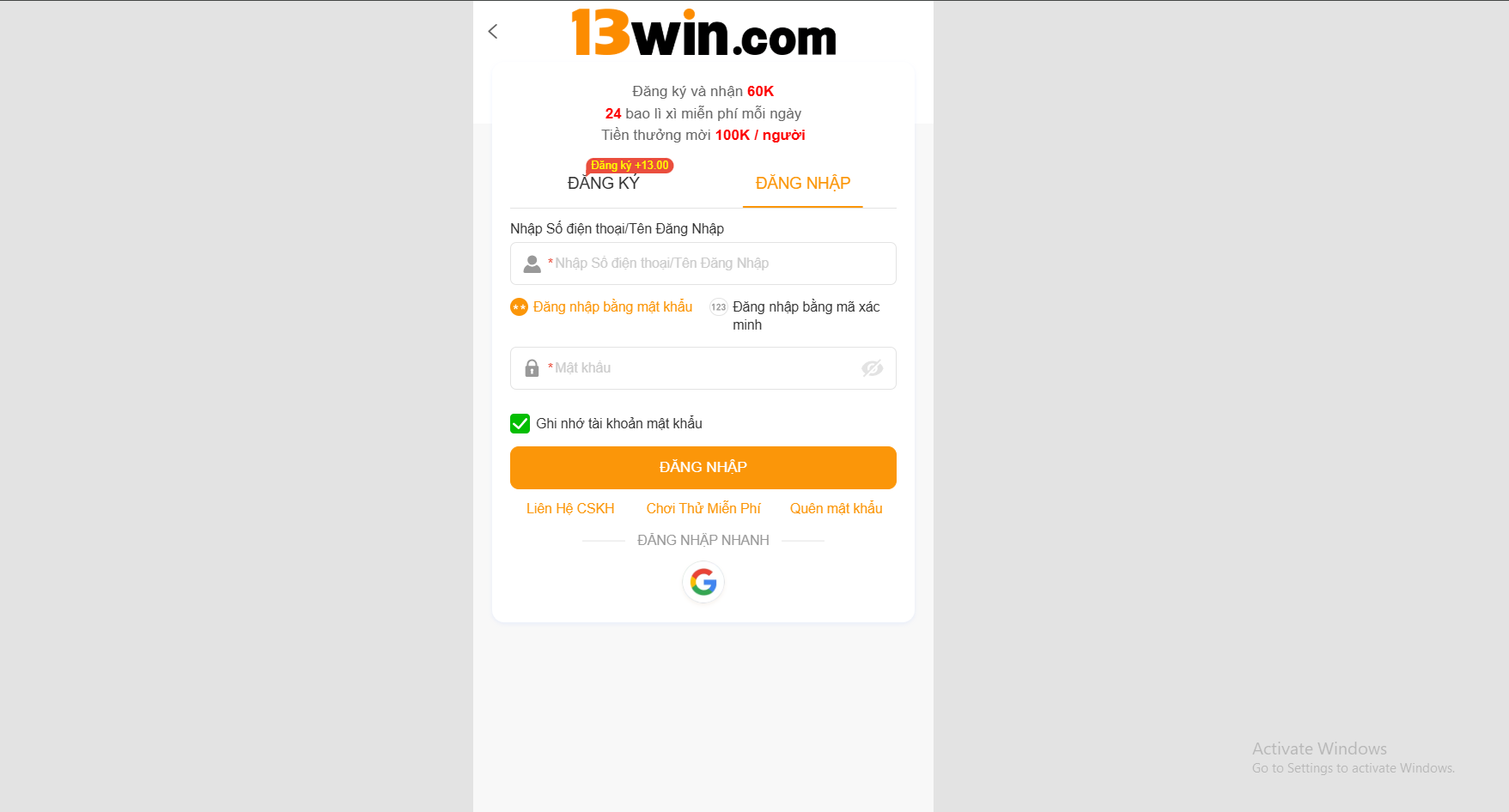 Hướng dẫn đăng nhập 13win nhanh chóng, đơn giản 1 Hướng dẫn đăng nhập 13WIN